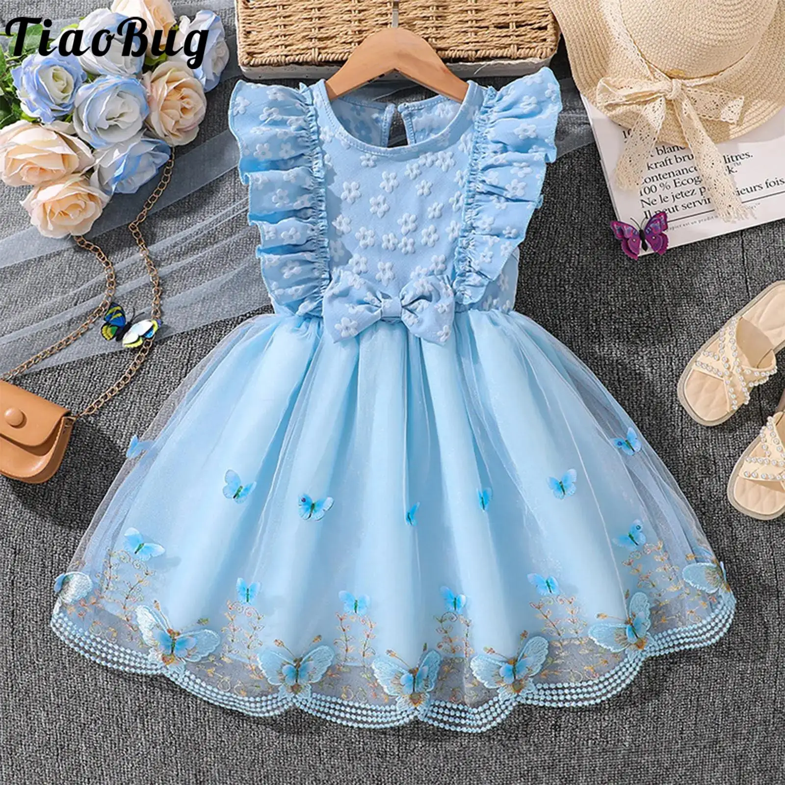 Baby Girls Sweet Princess Dress Sleeveless Floral Butterfly Mesh Ruffled Dresses for Kids Wedding Birthday Party Banquet Pageant