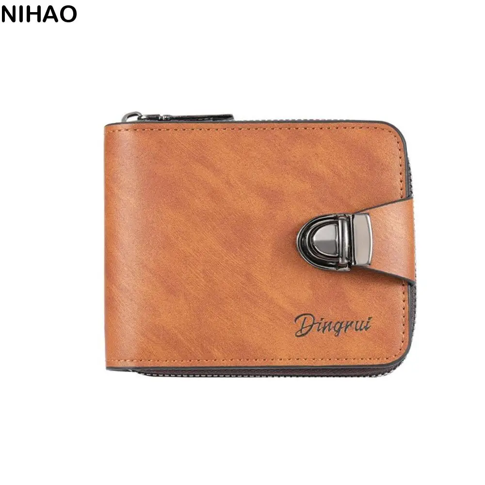 

Portable Zipper Men's Wallet Buckle Solid Color Business Wallet Short Card Holder Leather Coin Purse Male