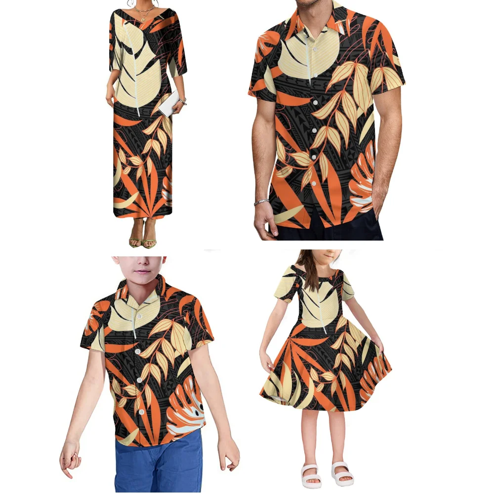 Abbigliamento estivo su misura Set da festa in famiglia con stampa polinesiana, abito genitore-figlio, camicia e top, set di quattro pezzi