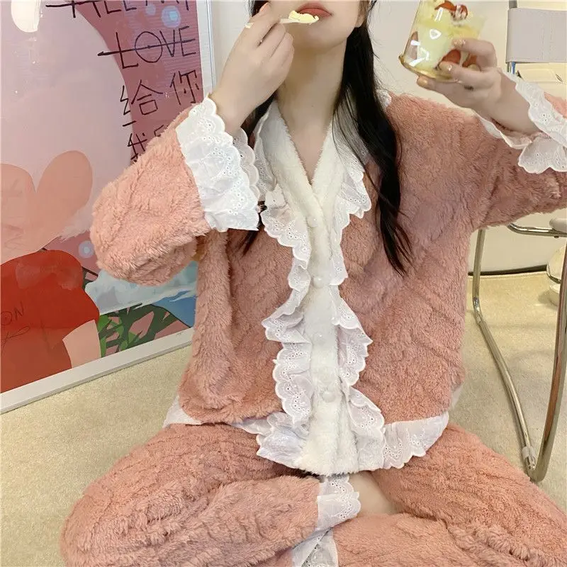 Spitze Frauen Pyjama Set Winter Nachtwäsche Fleece Samt 2 Stück Hose Home Anzug Schlaf flauschige koreanische feste Piiama warme Nachtwäsche