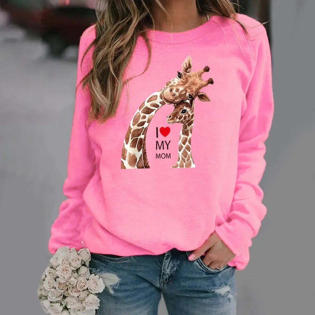 Giraffe Print Long Sleeve Round Neck Hoodie Woman Sweatshirt Tops Sweatshirts Streetwear Women Clothes