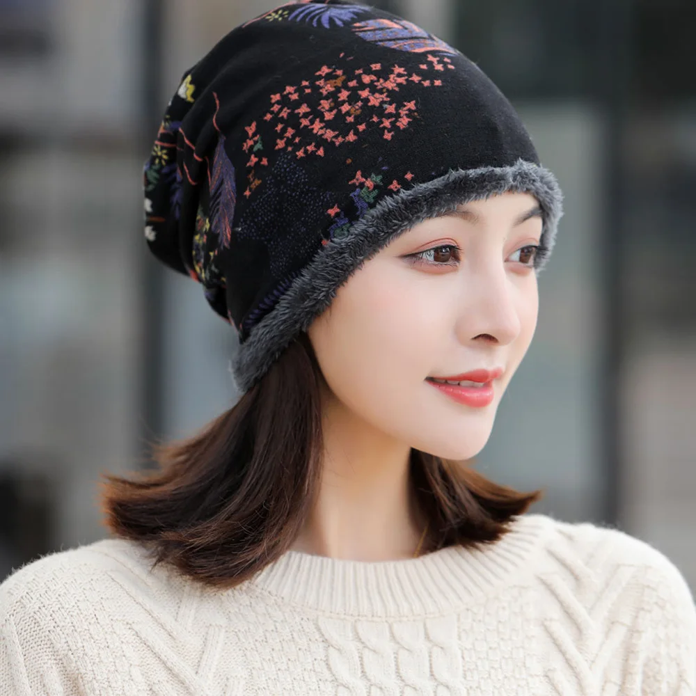 

Winter Winter Cap Warmer Neck Warm Print Flower Soft Bib Hats Women Hat Velvet Bonnet Beanie