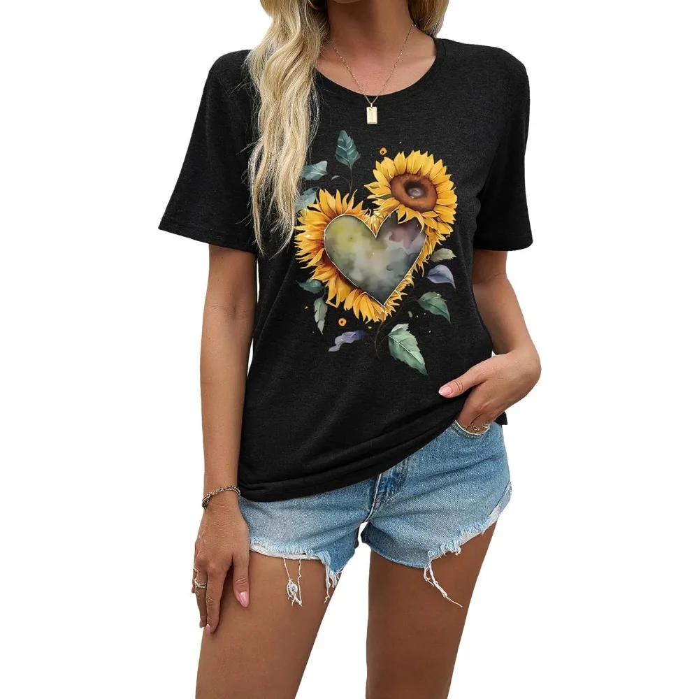 

Women's Sunflower Graphic Shirts Boho Flowers Tee Tops Cute Summer Vintage Short Sleeve Holiday T Shirt