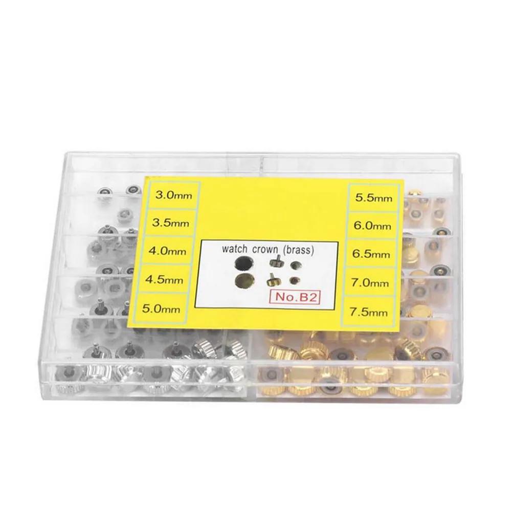 100PCS Alloy Waterproof Watch Crown Head 3.0mm-7.5mm 10 Sizes Assortment Box Silver&Gold Watch Repair Accessories