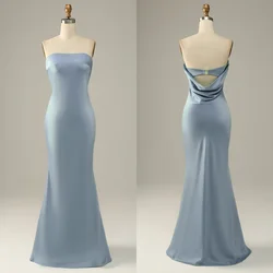 Misty Blue Satin Plain abiti da damigella d'onore senza spalline sirena Backless pieghe semplice abito da festa per gli ospiti di nozze elegante abito da sera