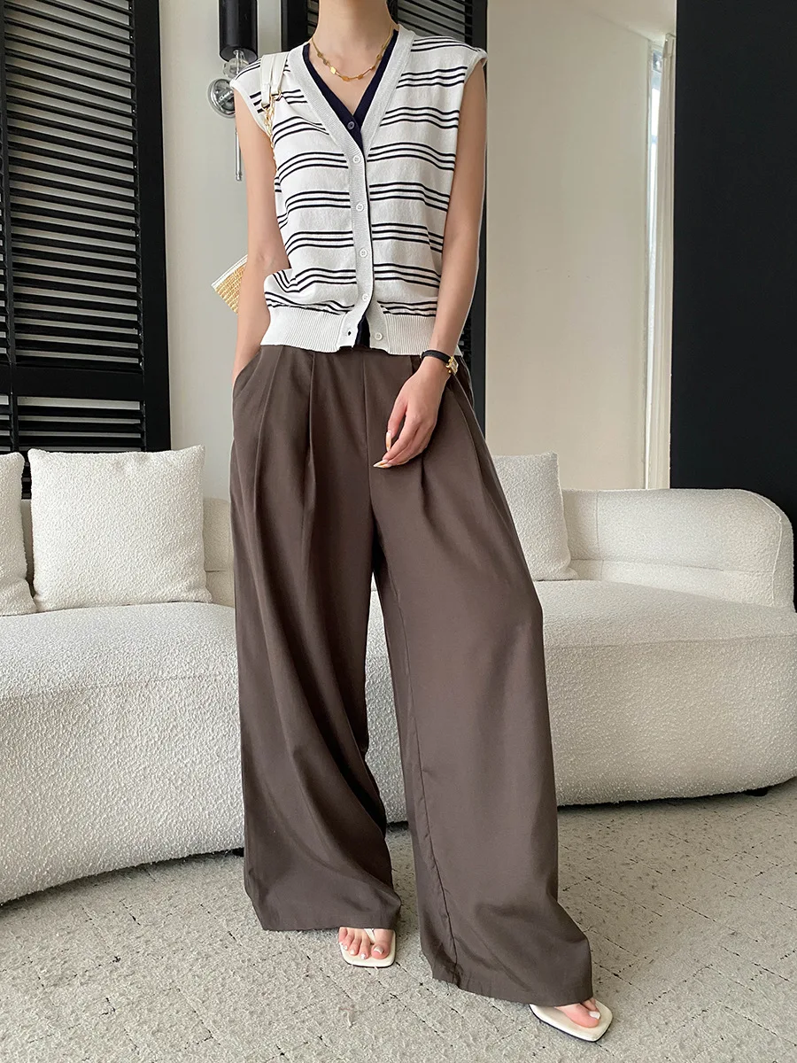 Sommerliche Damen-Freizeithose in Uni-Farbe, halb elastisch, hoher Bund, locker geschnitten, weites Bein – Detail 5