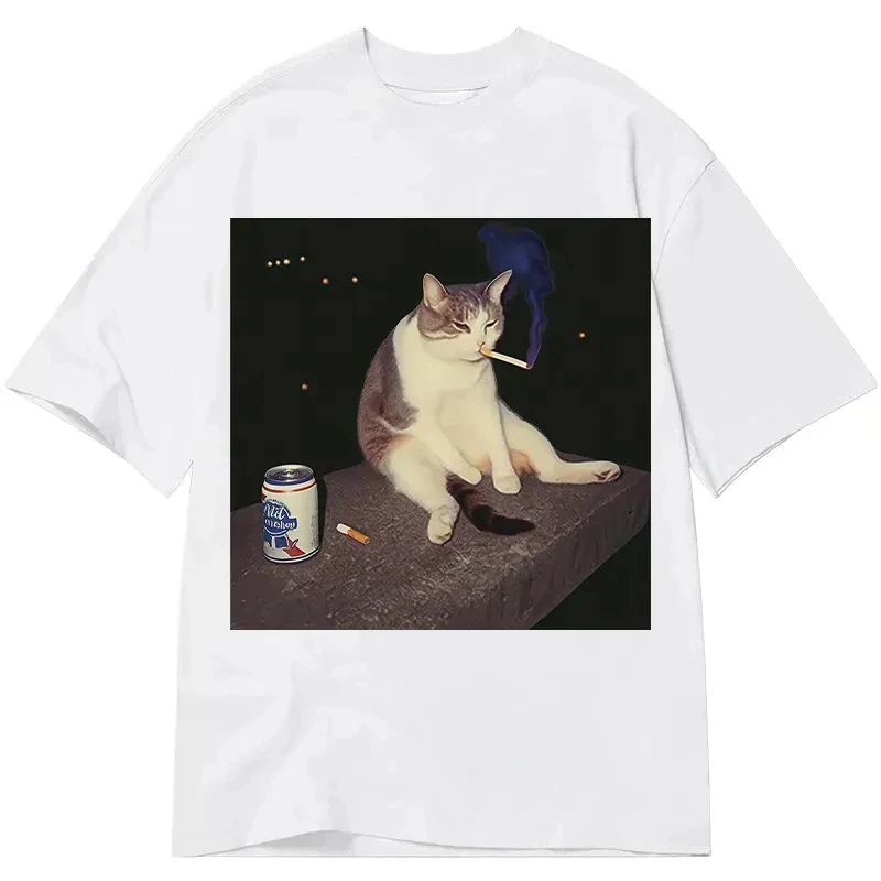 Cat Meme T-Shirt Men Women Vintage Aesthetic Cat with Cigarette and Beer Print Oversized Casual Streetwear Short Sleeve Tee Tops