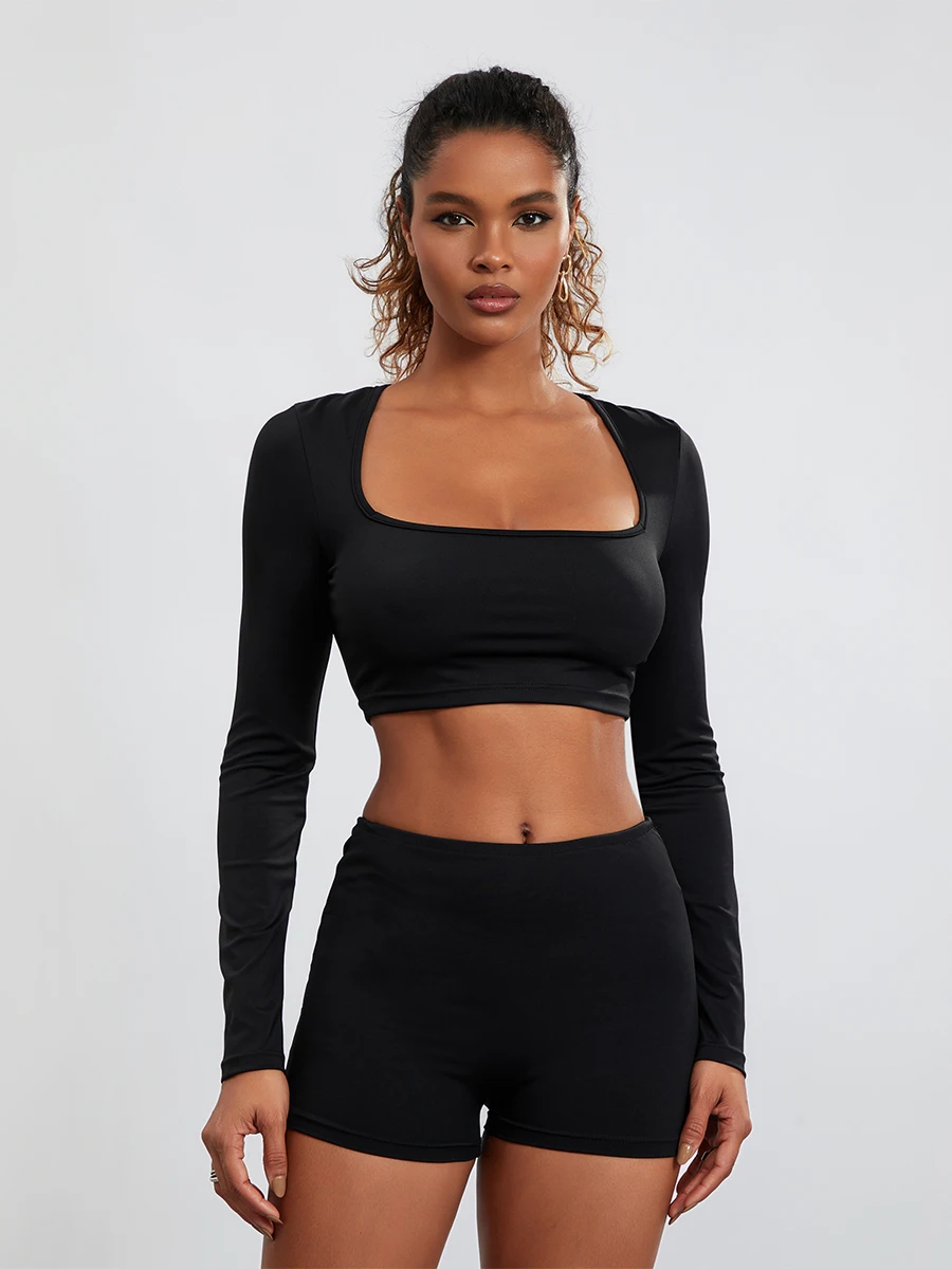 

Women s Silm Fit 2 Piece Yoga Fitness Outfits Square Neck Crop Top and High Waist Leggings Shorts Set Y2K Long Sleeve Tummy