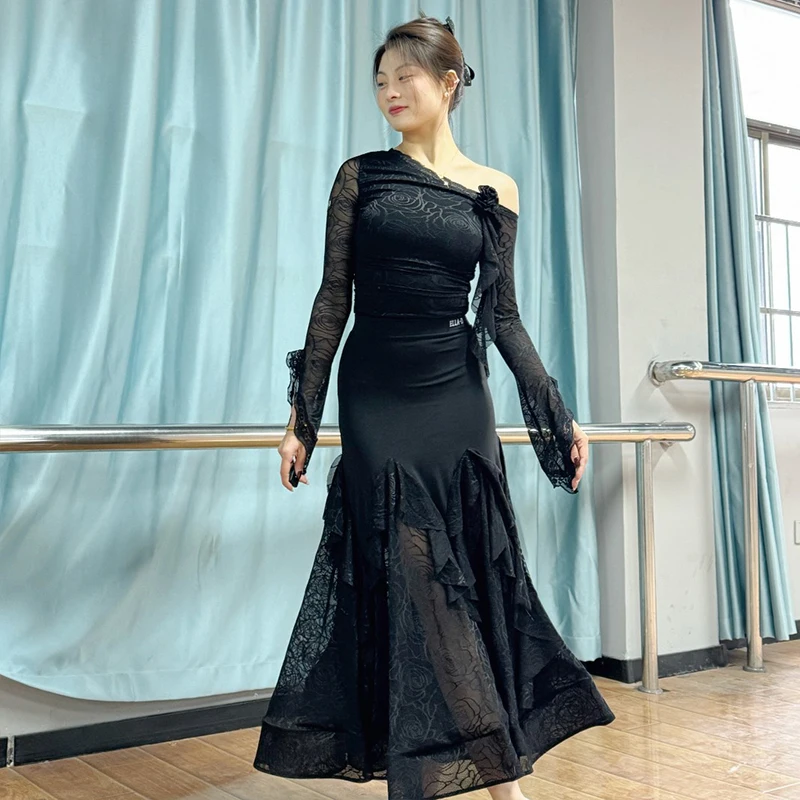 볼룸 댄스 경연 대회 드레스 여성 레이스 오블리크 숄더 탑 스커트 왈츠 댄스 의상 댄스 파티 클럽 볼룸 댄스 드레스 14632