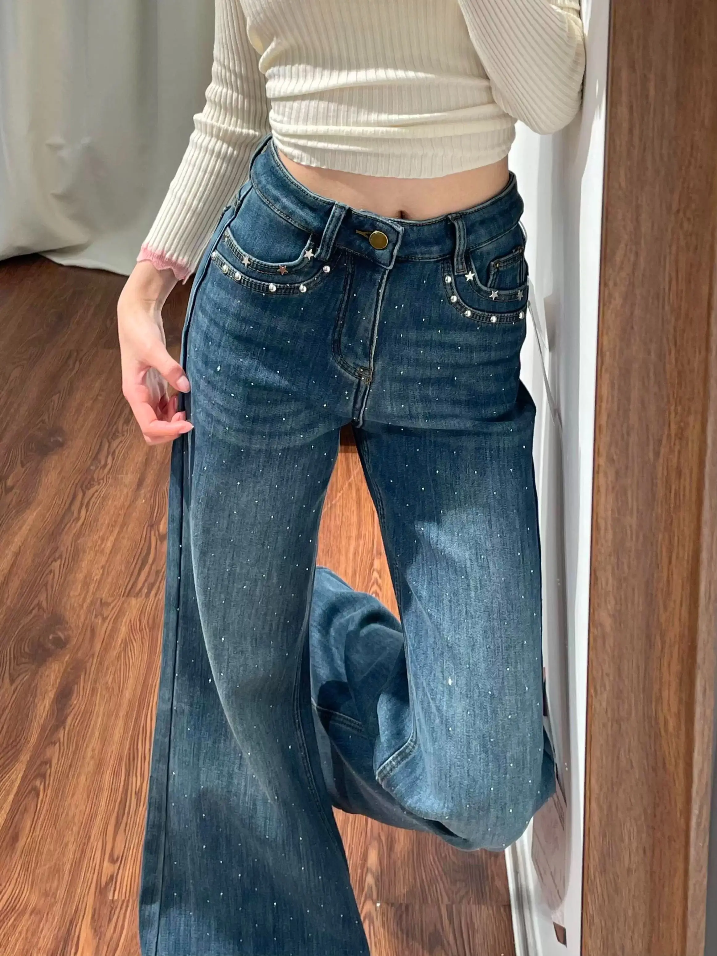 Y2K Sparkling Starry Hot Stamping Jeans Women Spring Micro Flared Elastic High Waisted Loose Slimming Flared Pants