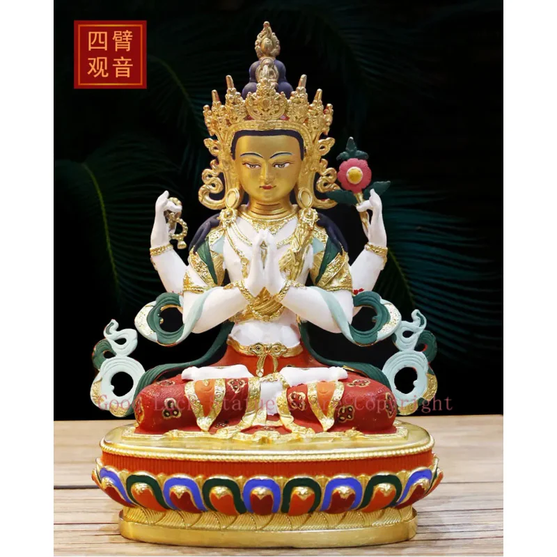 

21CM TOP GOOD HOME Talisman Protection # Tibetan Nepal Buddhism Hand Painting Gilding Guanyin Bodhisattva Buddha brass statue