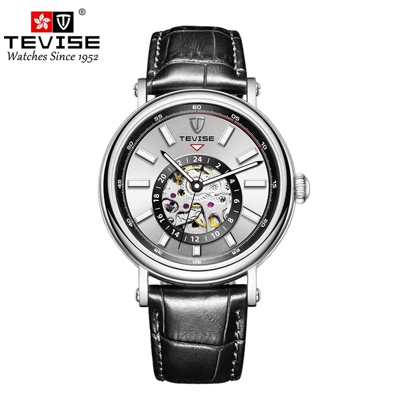 TEVISE Mechanical Watch Men Automatic Watch Leather Strap Luminous Skeleton Watch Causal Business Watch