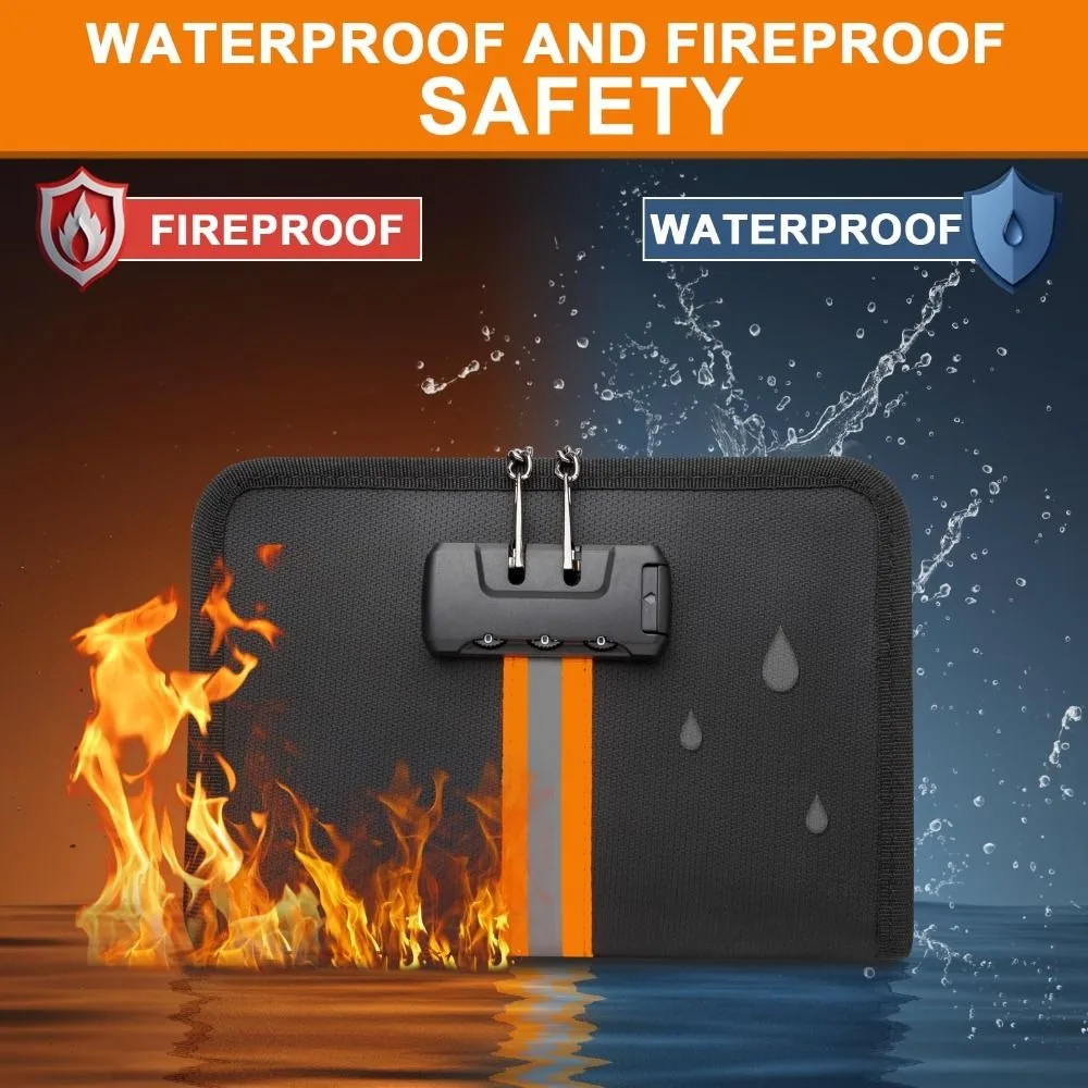 Fireproof Money Bag with Combination Lock Portable Waterproof Security Bag for Cash Black Storage Pouch Document Safe Bag