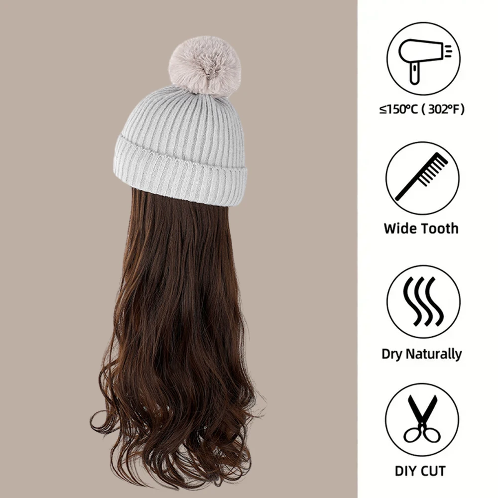 Synthetic Fashion Female Hat Wig Long Curly Hair Detachable In Autumn Winter Waving Wig With Hats For Birthday Gift