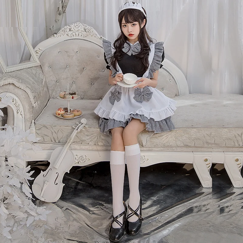 Loween Lolita femme de chambre orm Bla blanc Plaid Cosplay Dr mignon école fille cuisine aide tenue Fem Waitr Costume