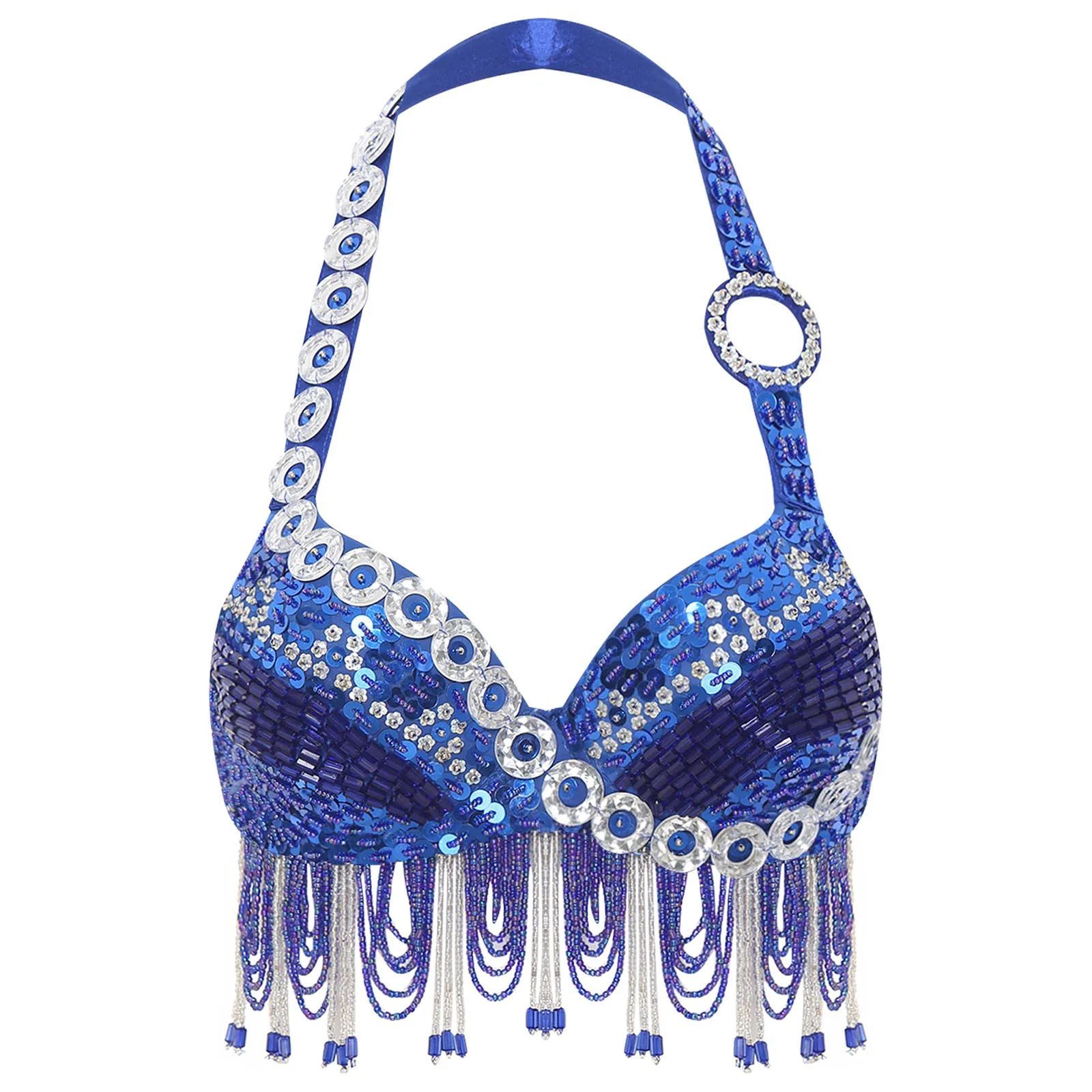 

Women Shiny Belly Dance Performance Bra Halter Neck Bra Top Sparkling Beads Tassel Crop Top for Belly Stage Performance Costume