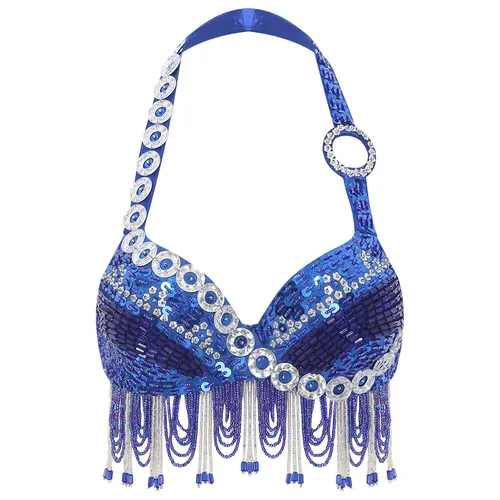 Imagen 1 del producto Sujetador de danza del vientre brillante para mujer, sujetador con cuello Halter, Top corto con borlas y cuentas brillantes para disfraz de actuación en escenario del vientre