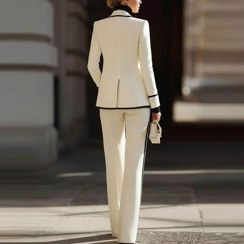 

Casual Long Sve Notch Collar Double Buttoned Suit Pants Set Independent Station Women's Faion Mid-Low Waist PVC Fabric