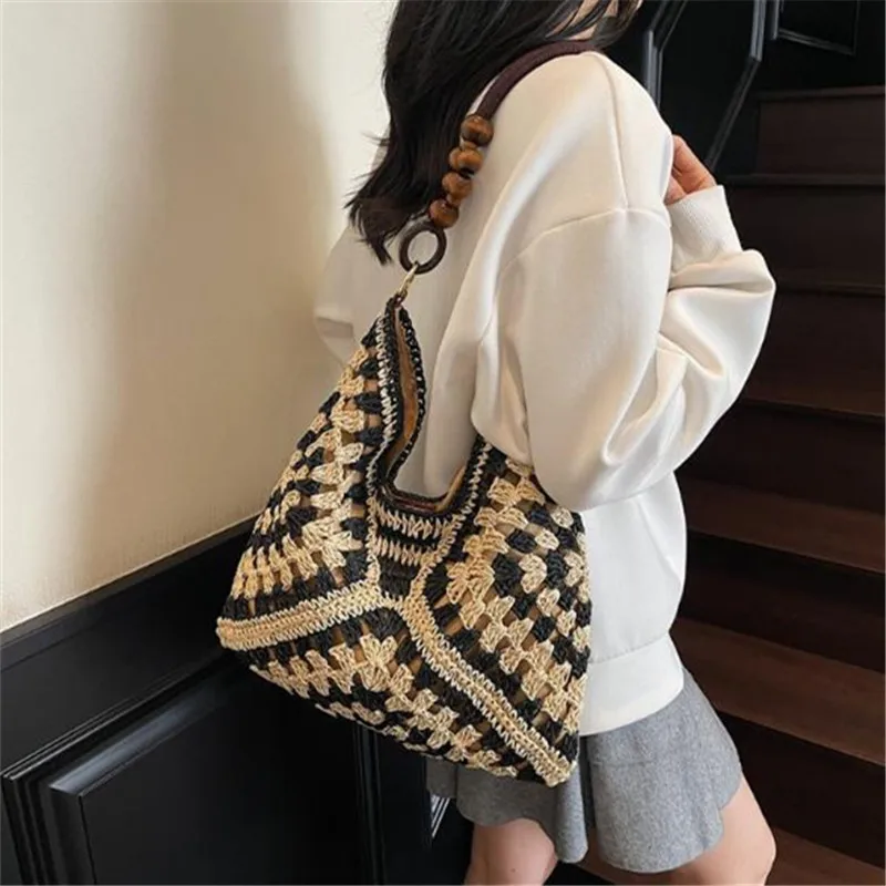 Boho Crochet Woven Totes Bags Wooden Bead Deco Handbag Purse Large Capacity Underarm Shoulder Bag for Women Daily Beach Holiday