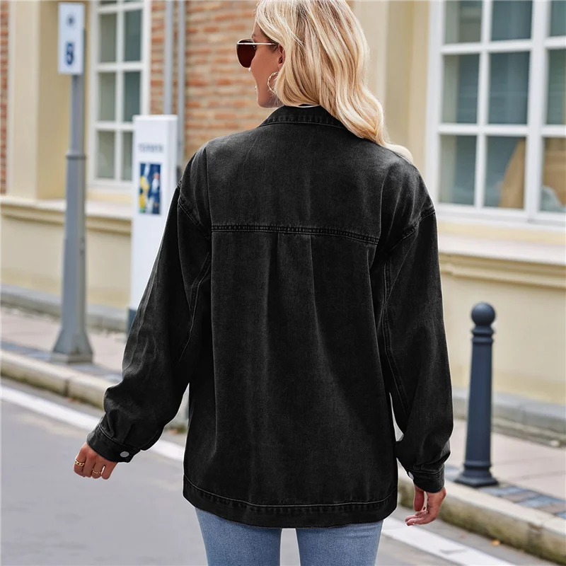 ABAH-여성 캐주얼 긴 소매 라펠 버튼 아우터웨어 루즈 보이프렌드 스타일 재킷 패션 데님 재킷 블랙 & 그레이 L