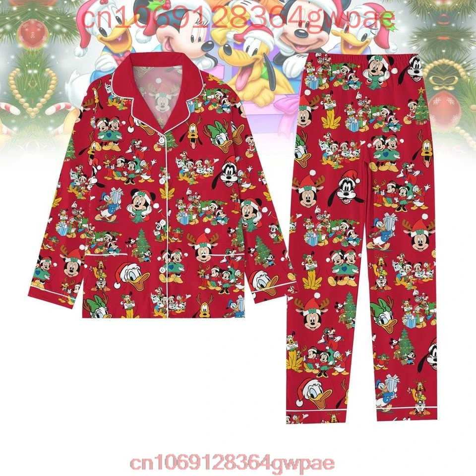 New Disney Mickey Christmas Pajamas Set Mickey Minnie 3D Printed Casual Men\'s and Women\'s Long Sleeve Shirt Pajama Set