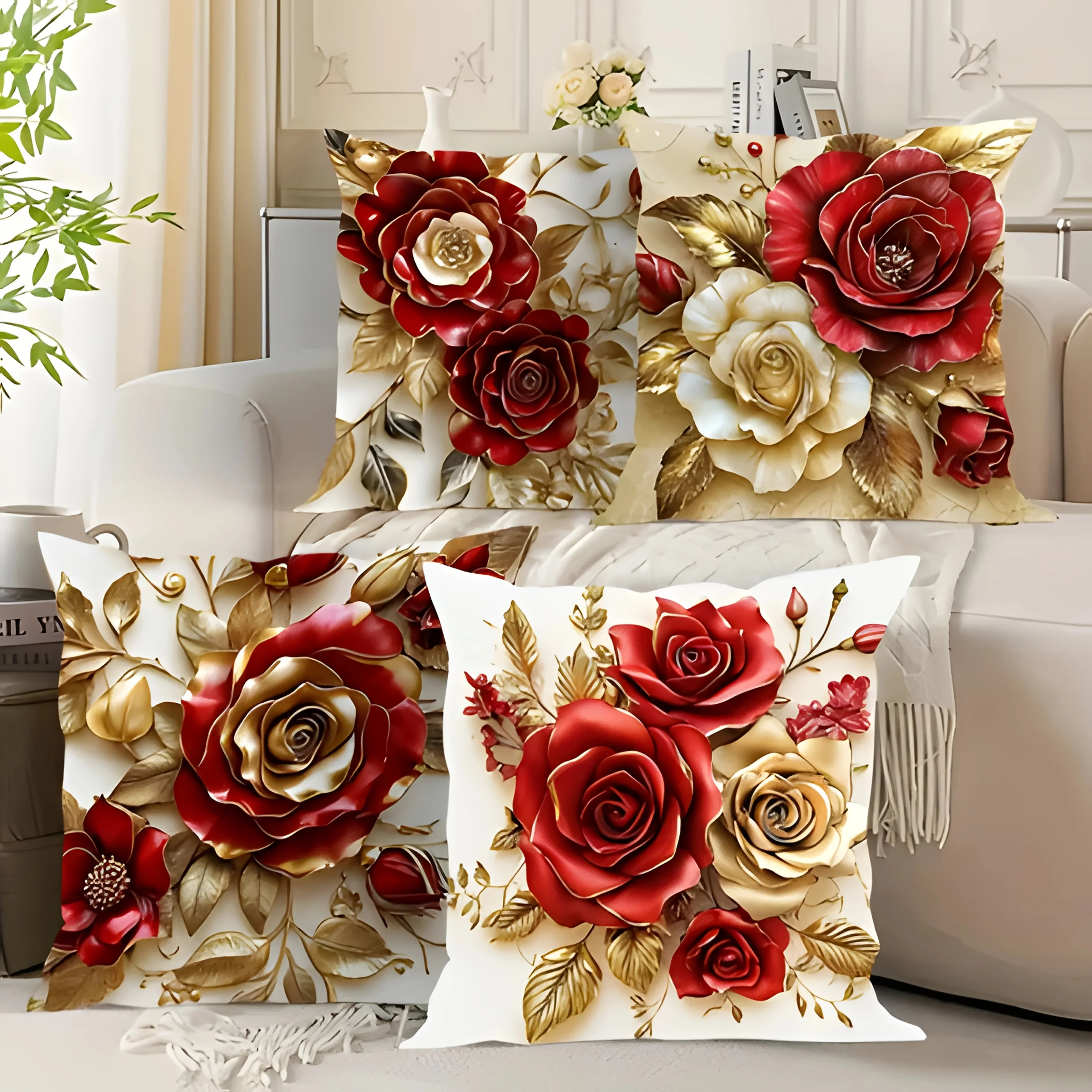 4 Pcs Boho Red Rose Floral Pillow Covers – 2D Flat Print with Gold Accents for Bedroom, Living Room, Sofa Cushions & Home Decor