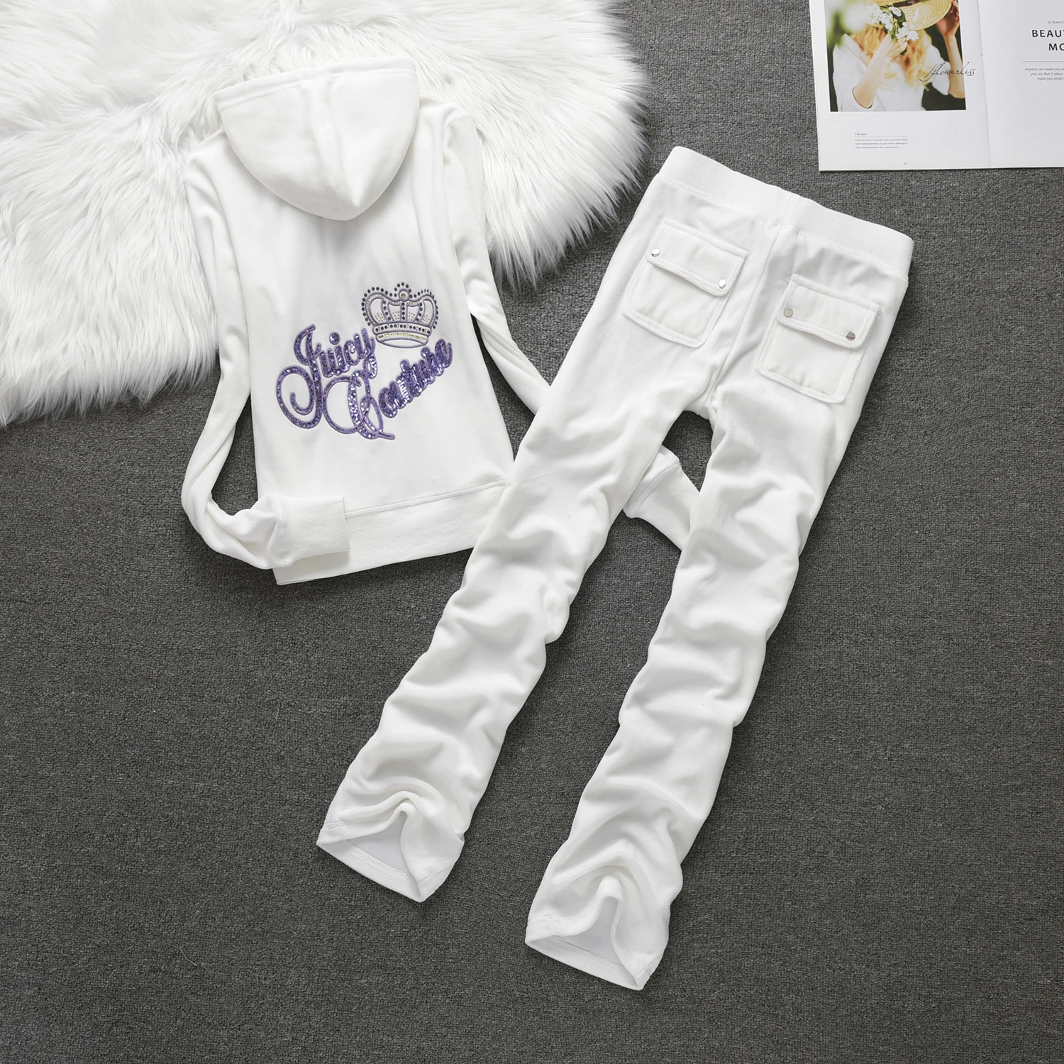 Juicy Cometure Velvet Tracksuit Crystal Embroidered Women Sweatshirt Set, Outdoor Casual Sportswear 2pc Casual Trousers + Hoodie