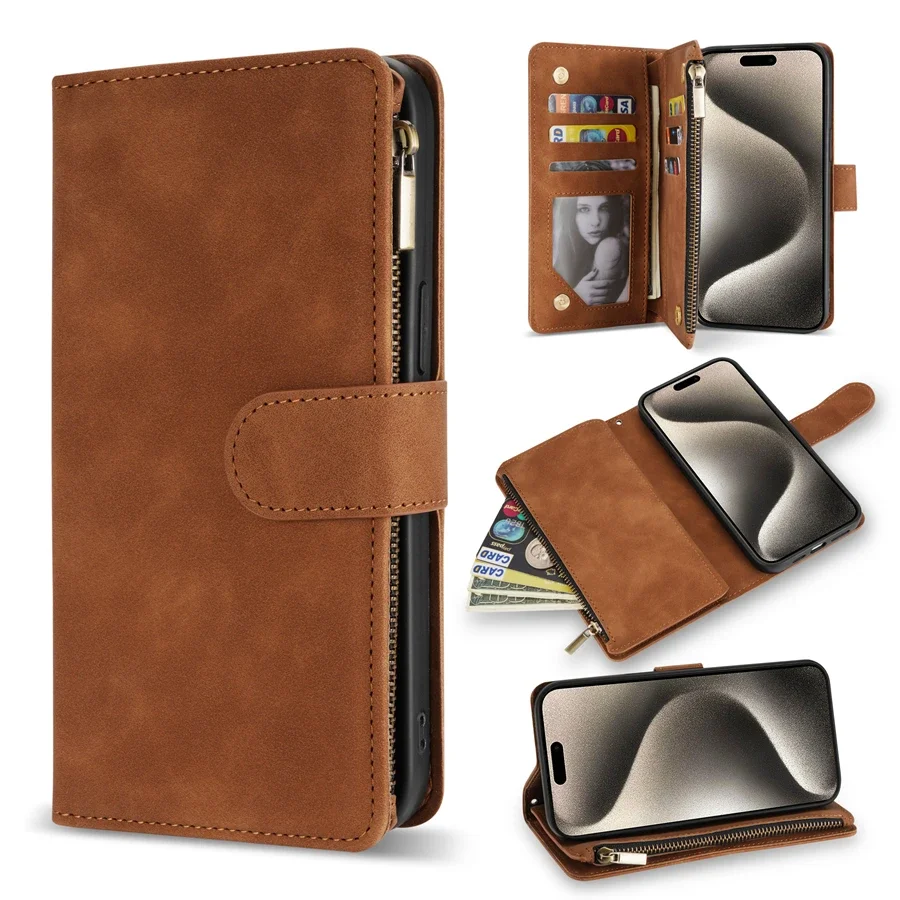 ZZXX Brieftasche Multi-karte Zipper Ständer Magnetische Flip Leder Fall Für iPhone Air 17 Pro Max 16e 15 14 Plus 13 Mini 12 11 SE2 XR 8 7 3