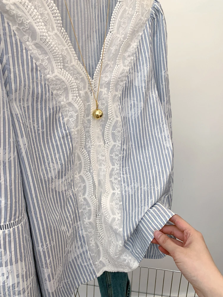 Zoete blauwe streep kant patchwork casual V-Ne irt heren lente herfst faionable all-match losse pasvorm lange Sve top