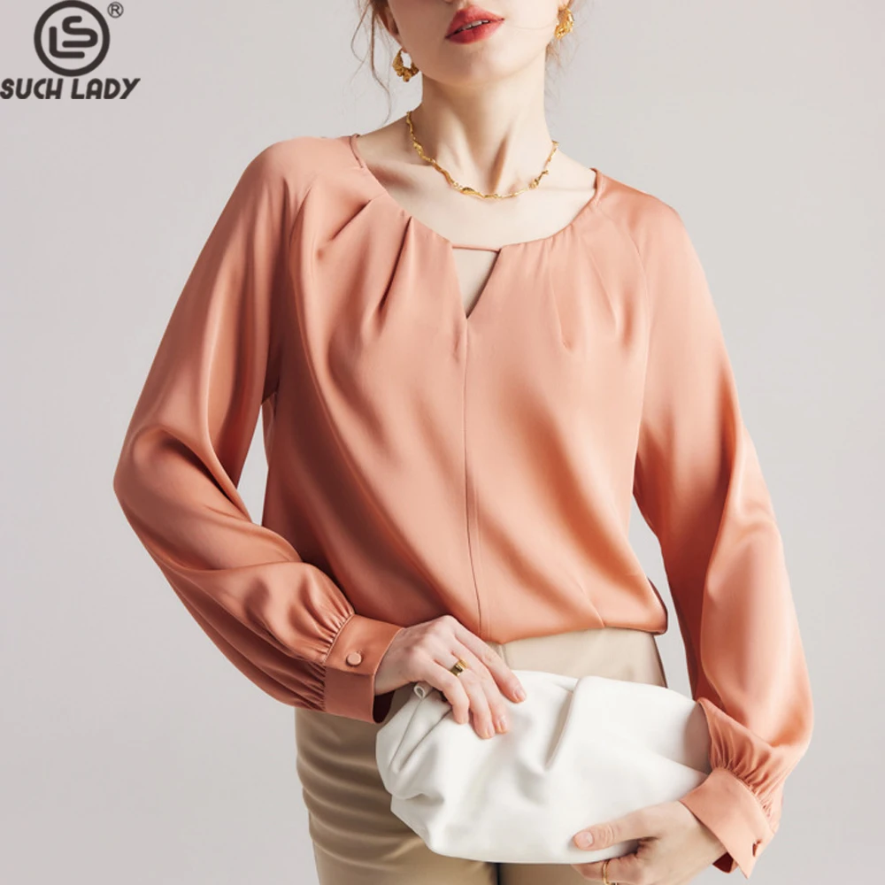 

90% Natural Silk 10% Spandex Women's Blouse O Neck Long Sleeves Sexy Keyhole Fashion Blouse Tops