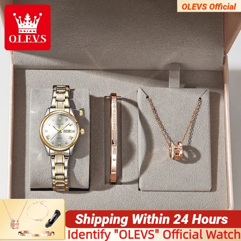 

Классические кварцевые часы OLEVS 5563 для женщин, элегантный комплект, светящиеся водонепроницаемые часы из нержавеющей стали с отображением недели и даты, наручные часы в подарок