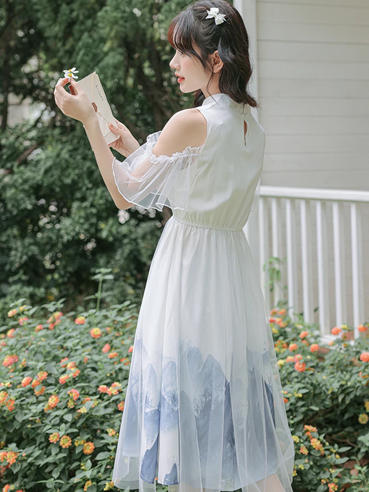 レディースファッション プリント パッチワーク メッシュ ミディ丈ワンピース 夏 オフショルダー シック カジュアル ホリデーワンピース 2025 韓国ファッション ボディコン ドレス