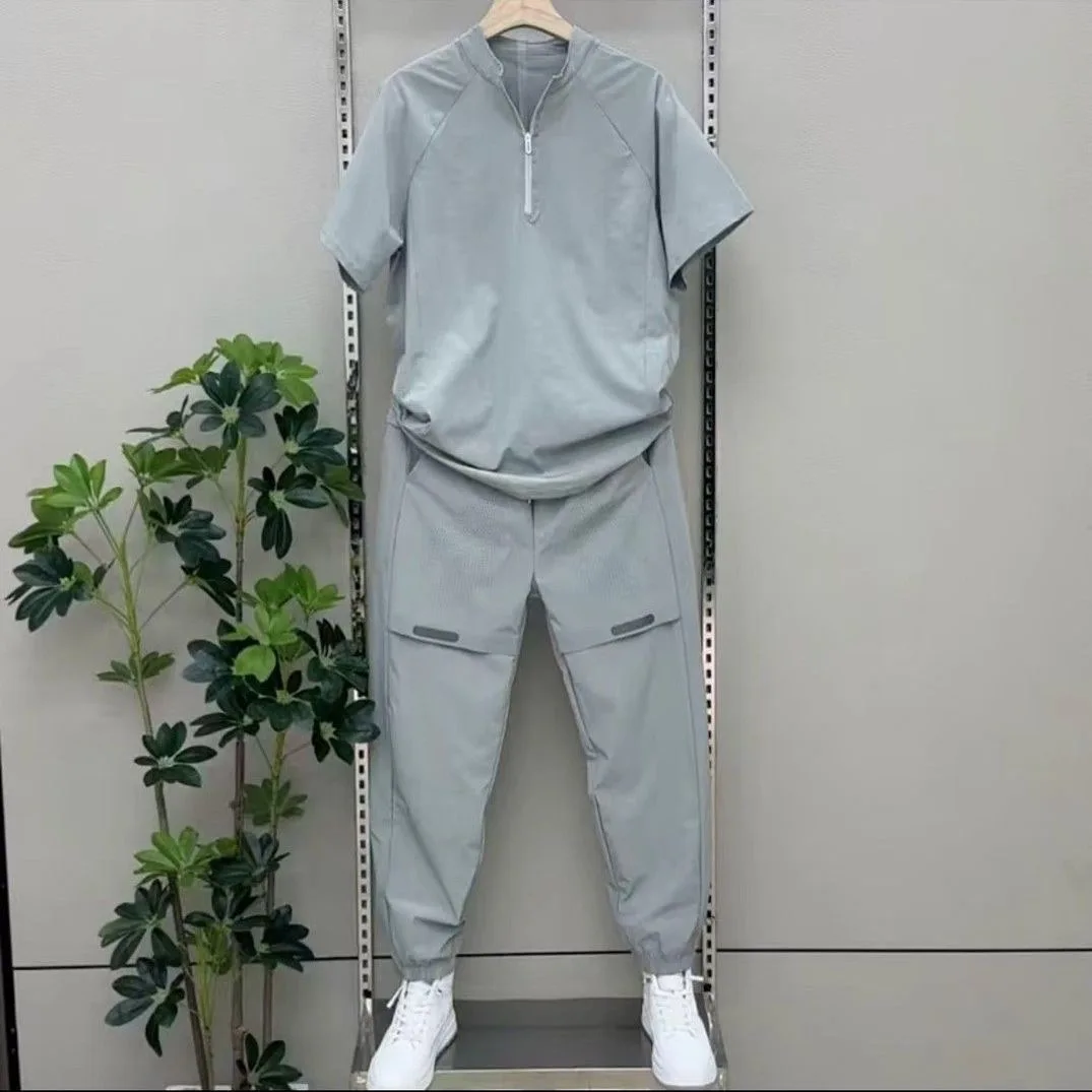 Summer Men's Tracksuit Contrast Stitch Short Sleeve T Shirt and Sweatpants Set Streetwear Casual Outfit for Daily Wear