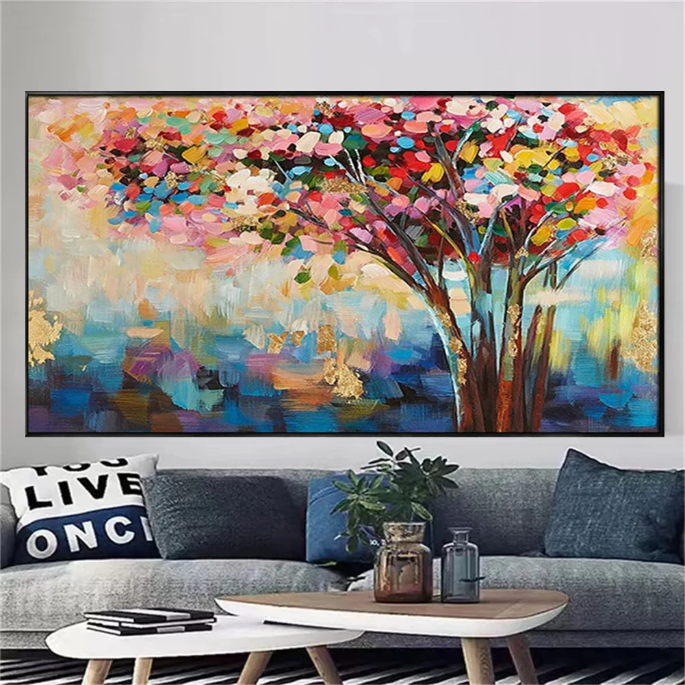 

100% Hand-Painted Pink Gold Texture Abstract Oil Painting Wall Art Picture Life Tree Canvas Poster Decor Living Room Sofa Back