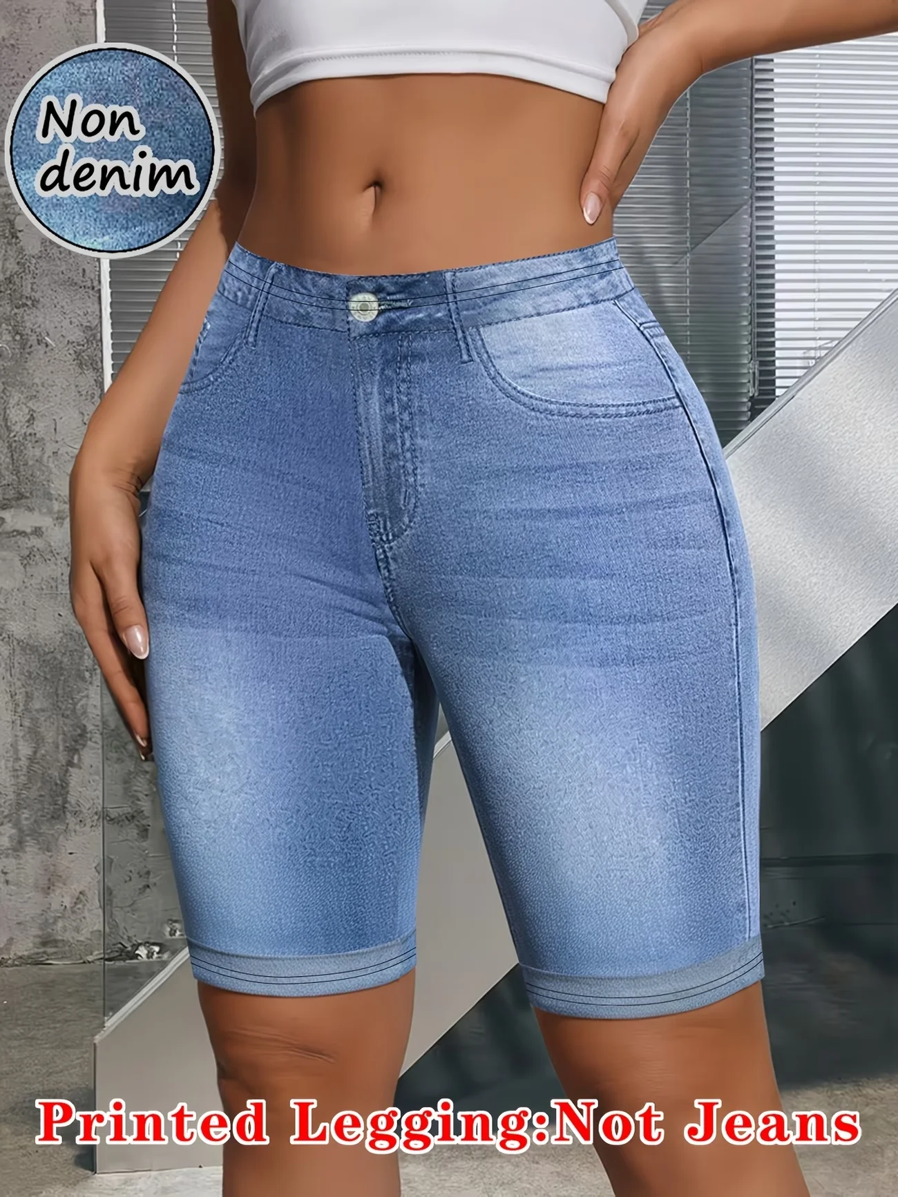 Printed Leggings, Non‑Denim Fabric, Fake Denim Full‑Print 5‑Length Shorts, Faux Pocket & Button Print, High‑Stretch Tight Pants,