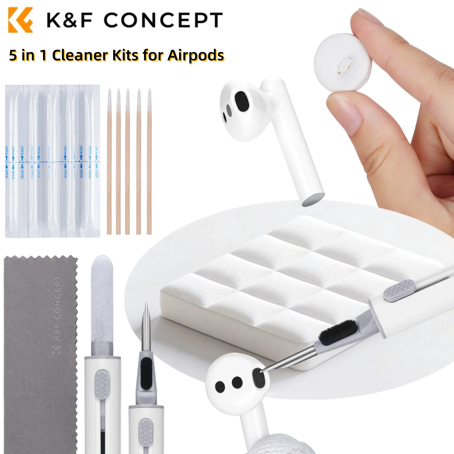 

K&F Concept Cleaner Kits for Airpods Pro 1 2 3 Earbuds Earphones Flocked Sponge+Cleaning Cloth+Clean Cotton Swab+Metal Pen Tip