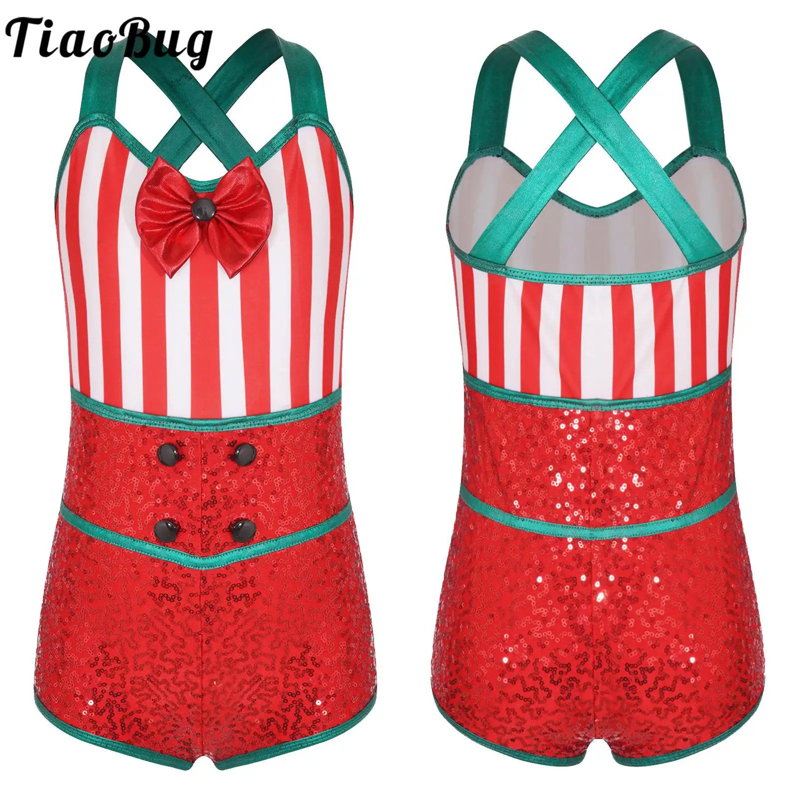 Kids Girls Christmas Candy Cane Costume Ballet Dance Gymnastics Leotard Sleeveless Striped Sequins Jumpsuit Xmas Party Dancewear