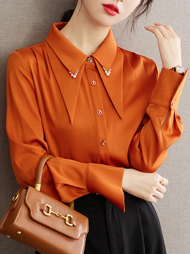 Chic Design Pointed Neck Turn Down Collar Bubble Long Sleeve Top Casual Shirt Women Clothing Solid Color Elegant Female Blouses