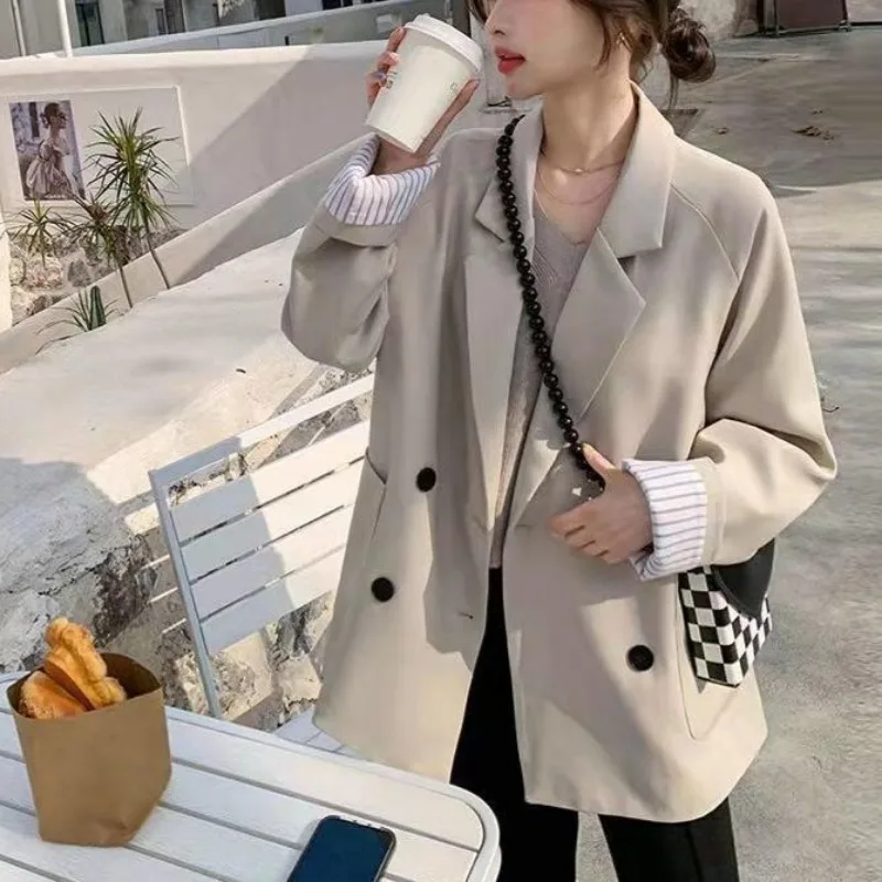 

Baggy Blazers Women Double Breasted Temper Elegant Streetwear Fashion Big Pockets Vintage Minimalist Cozy Women Clothing