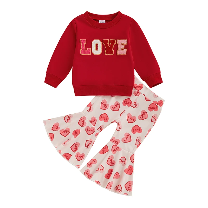 Toddler Girls Fall Outfits Letter Embroidery Long Sleeve Sweatshirt and Heart Print Flare Pants Set Cute 2 Piece Clothes