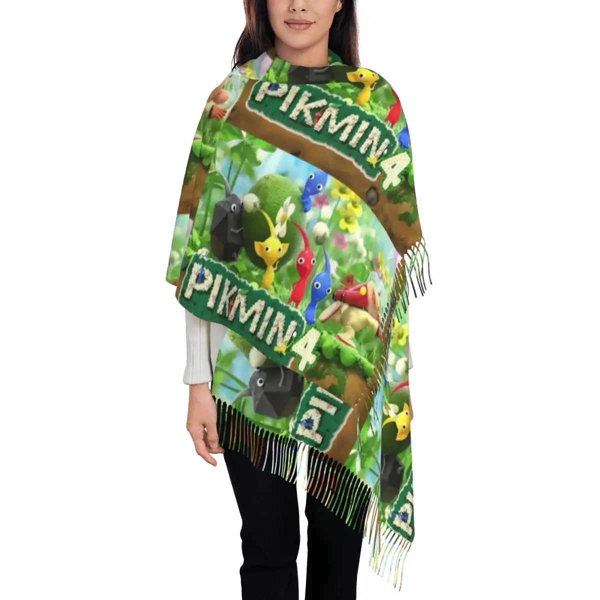 Custom Pikmins 4 Strategic Video Games Tassel Scarf Women Soft Cartoon Pikmins Shawl Wrap Female Winter Scarves