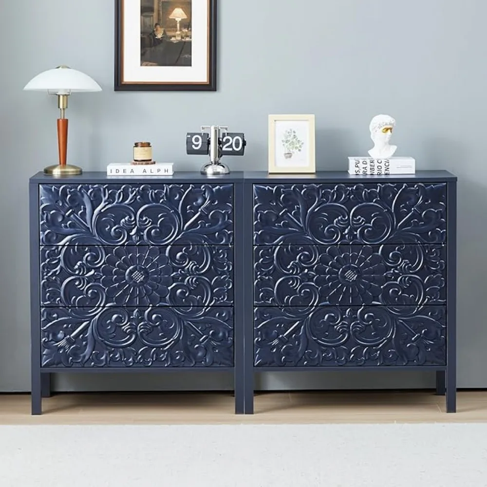 

3 Drawer Flower Motif Dresser, Accent Dresser Chest with 3 Drawers, Luxury Nightstands Set of 2 for Bedroom, Nightstands