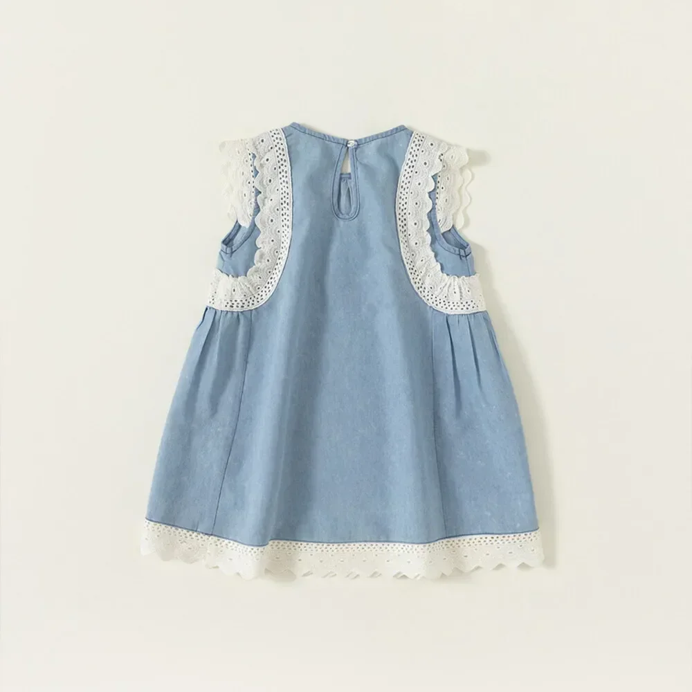 Summer New Girls Dress Blue O-neck Lace Patckwork Dresses Casual 3-7 Years Old Sleeveless Fashion Kids Clothes