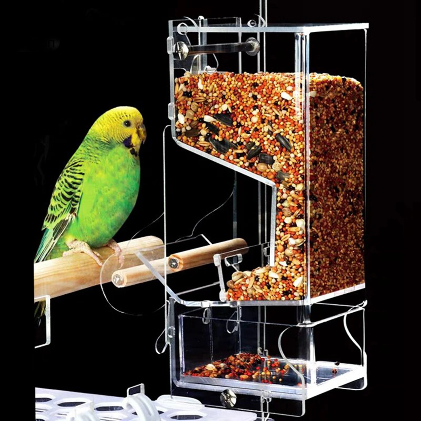 Clear Cage Feeder Cage Hanging Feeding Bowl Seed Food Container Pet Feeder for Budgie Cockatoo Cockatiel Finch Parakeet