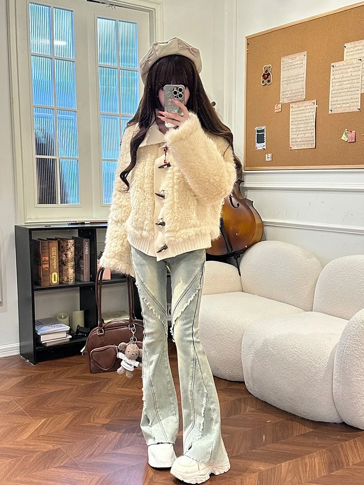 

Женская зимняя короткая куртка-пуховик из ткани с имитацией меха и кожи, двухслойная, желтая, цвета абрикоса, мягкая, Nian Nian