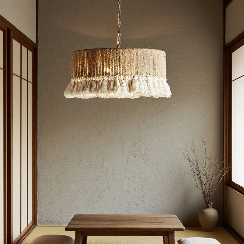 Nordic LED Chandelier With Tassels Hand Woven Hemp Rope Pendant Lights Living Room Bedroom Restaurant Pendant Lamp Decor Home