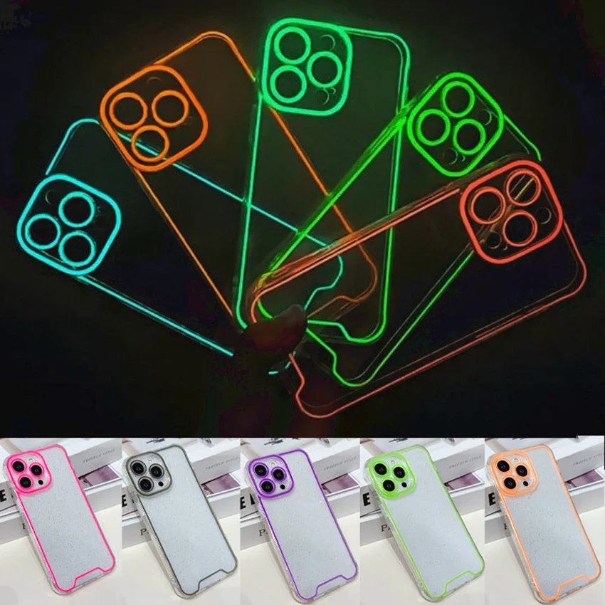 Luxury Luminous Neon Transparent Soft Case For iPhone 15 14 13 12 11 Pro Max Plus Noctilucent Shockproof Silicone Bumper Cover