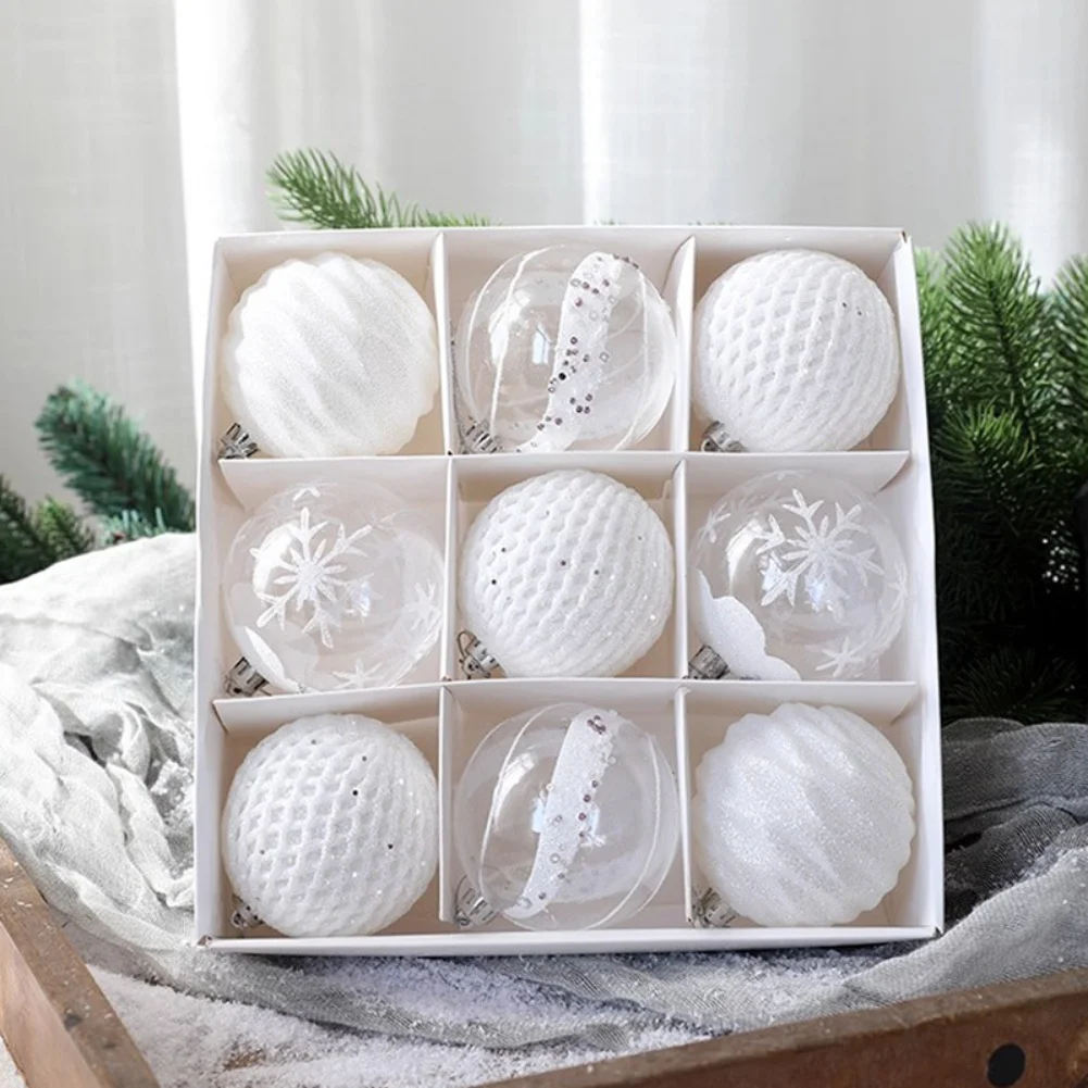 

Set of 9 White 8cm For Christmas Ball Ornaments with Three Pattern Designs for Tree and Wreath Decoration Seasonal Holiday Decor