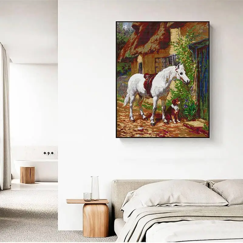 Cavallo bianco accanto alla casa Joy Sunday Kit punto croce animale 14CT 16CT 11CT Set di ricamo filo DMC in tessuto stampato bianco