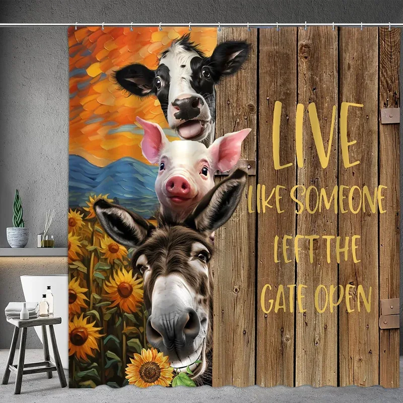 

ZYJ01Занавеска для душа с изображением животных, картина маслом, фермерский дом, дверь сарая, осел, корова, свинья, подсолнух, весенняя ванна, перегородка для ванной комнаты 7DC